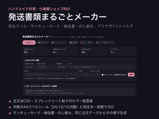 発送書類まるごとメーカー 全3デザイン｜宛名ラベル・サンキューカード・納品書・のし紙【ハンドメイド作家・小規模ショップ向け】