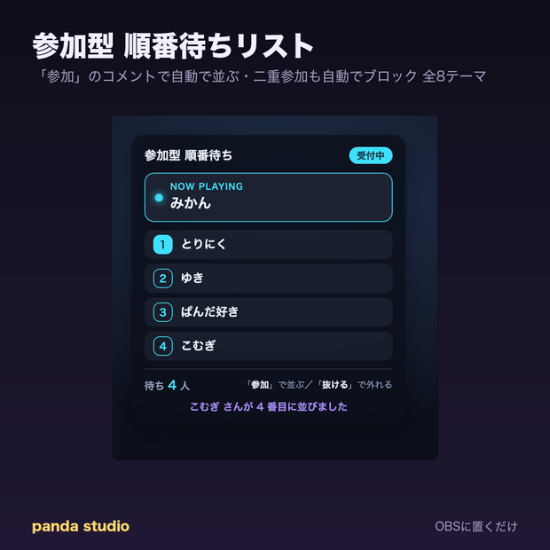 【わんコメ】参加型 順番待ちリスト｜「参加」コメントで自動整列・二重参加ブロック【OBS・商用可】
