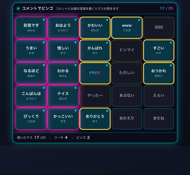 【わんコメ】コメントでビンゴ 全8テーマ｜視聴者のコメントがマスを開ける・リーチとビンゴを自動判定【OBS・Twitch対応・商用可】
