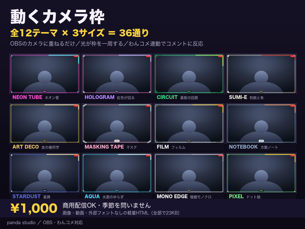 【OBSに置くだけ】動くカメラ枠 全12テーマ×3サイズ｜光が枠を一周する・わんコメ連動でコメントに反応【商用可】