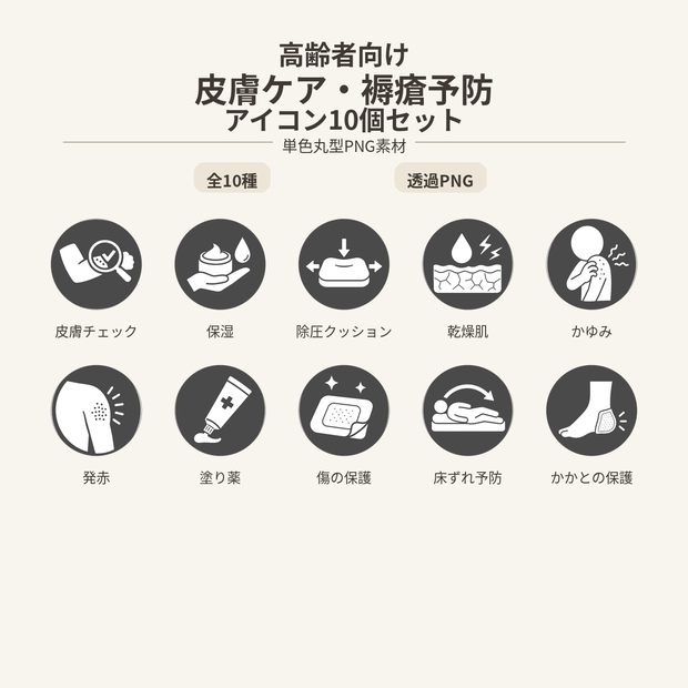 高齢者向け 皮膚ケア・褥瘡予防アイコン10個セット｜単色丸型PNG素材
