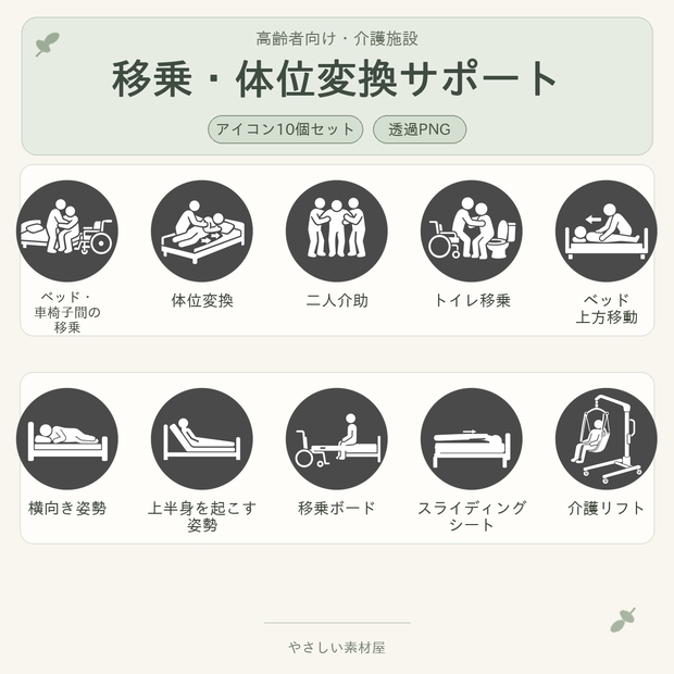 高齢者向け 移乗・体位変換サポートアイコン10個セット｜単色丸型PNG素材
