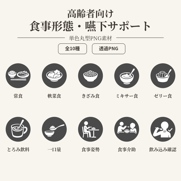 高齢者向け 食事形態・嚥下サポートアイコン10個セット｜単色丸型PNG素材