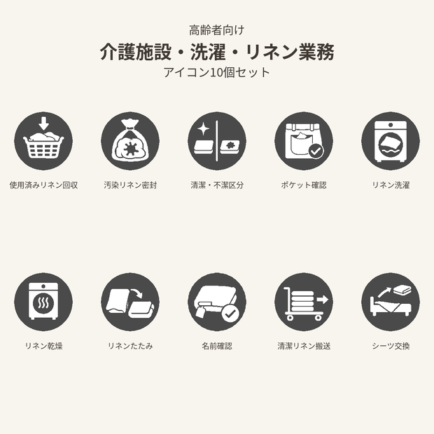 高齢者向け 介護施設・洗濯・リネン業務アイコン10個セット｜単色丸型PNG素材