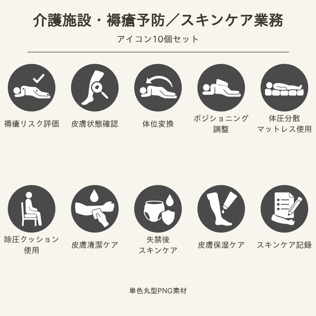 高齢者向け 介護施設・褥瘡予防／スキンケア業務アイコン10個セット｜単色丸型PNG素材