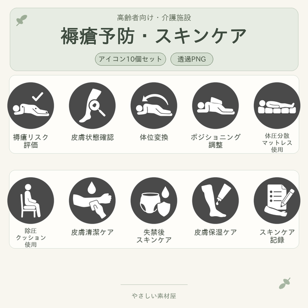 高齢者向け 介護施設・褥瘡予防／スキンケア業務アイコン10個セット｜単色丸型PNG素材