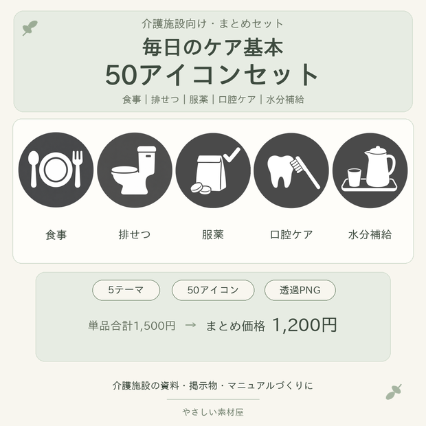 介護施設・毎日のケア基本50アイコンセット｜食事・排せつ・服薬・口腔ケア・水分補給｜透過PNG素材