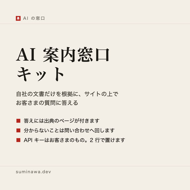 AI 案内窓口キット ── 自社の文書だけを根拠に、サイトのご質問へ敬体でお答えする窓