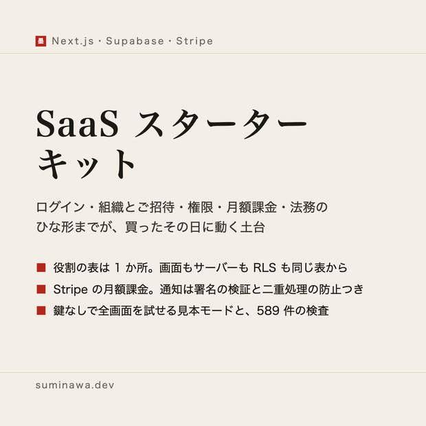 SaaS スターター キット ── ログイン・組織とご招待・権限・Stripe の月額課金・日本の法務のひな形までが動く、Next.js + Supabase の土台（買い切り）
