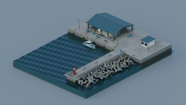 【箱庭コレクション #002 / Blender】消波ブロックと釣り堤防のある漁港｜Shionagi Harbor