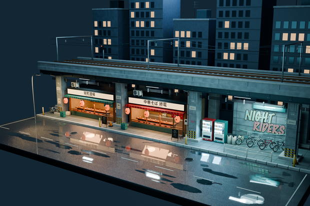 【箱庭コレクション #022 / Blender・GLB】高架下の夜｜Underpass Night