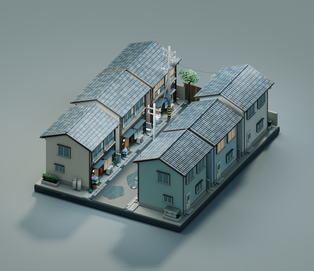 【箱庭コレクション #023 / Blender・GLB】雨上がりの住宅街｜After the Rain