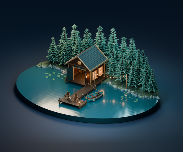 【箱庭コレクション #028 / Blender・GLB】湖畔のボート小屋｜Stillwater — Lakeside Boathouse