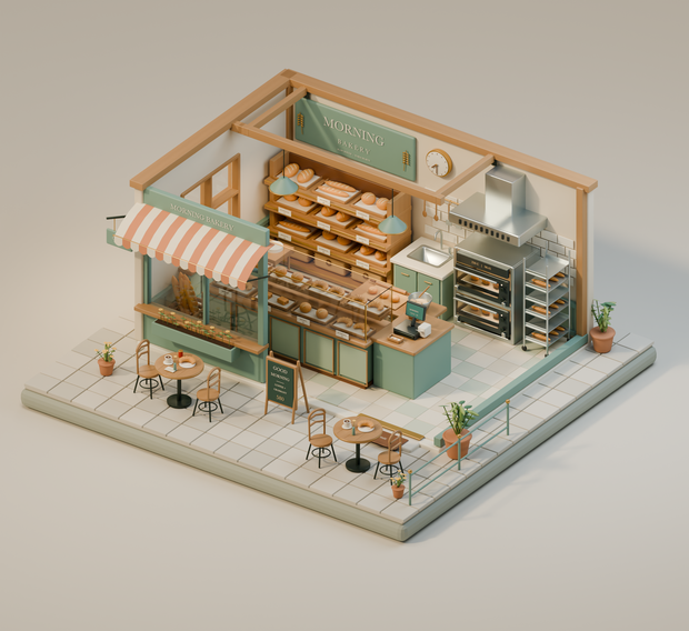 【箱庭コレクション #030 / Blender・GLB】町のパン屋・朝のベーカリー｜Morning Bakery