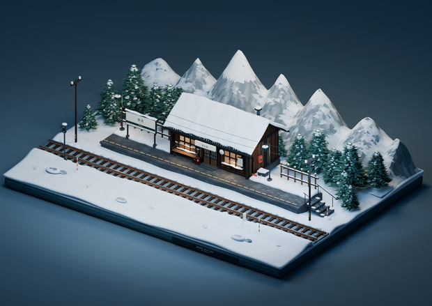 【箱庭コレクション #036 / Blender・GLB】雪国の無人駅・雪見駅｜Snow Station