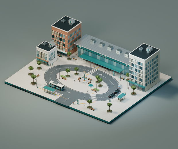 【箱庭コレクション #037 / Blender・GLB】駅前ロータリー｜Station Plaza