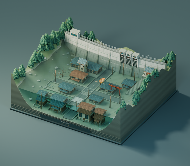 【箱庭コレクション #039 / Blender・GLB】ダム湖に沈む町｜The Town Beneath
