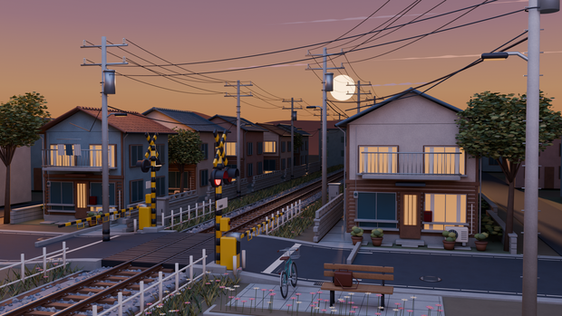 【箱庭コレクション #040 / Blender・GLB】夕暮れの踏切｜Sunset Crossing