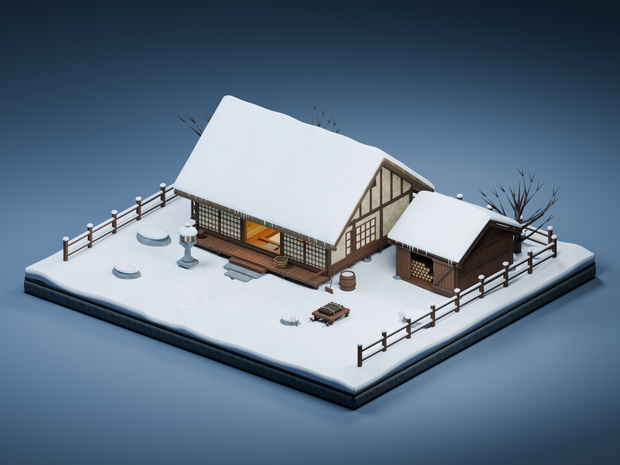 【箱庭コレクション #050 / Blender・FBX・GLB】雪の古民家｜Snow Country House
