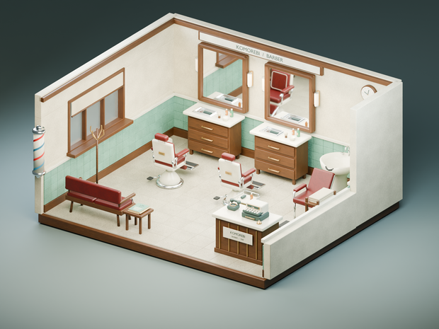 【箱庭コレクション #061 / Blender・FBX・GLB】町の理髪店｜Barber Shop