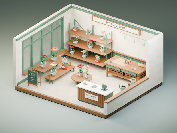 【箱庭コレクション #062 / Blender・FBX・GLB】花屋の午後｜Flower Shop
