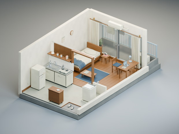 【箱庭コレクション #063 / Blender・FBX・GLB】古いアパートの一室｜Small Apartment