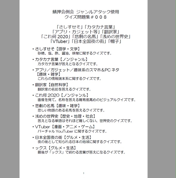 電子書籍[PDF]のみ）鯖押会例会 ジャンルアタック使用 クイズ