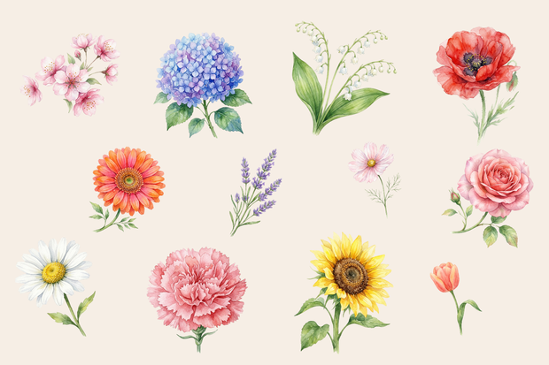 🌼 水彩・花素材セット（背景透過PNG／12点）