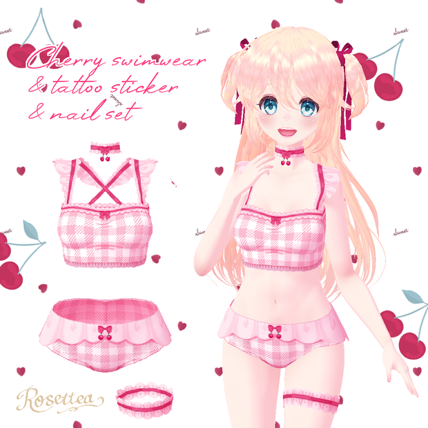 ㊗️6/12まで1周年記念セール中㊗️【VRoid】Cherry swimwear タトゥーシール・ネイル付セット 全９色