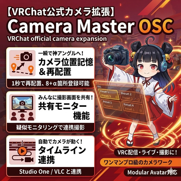 【VRChat】公式カメラ位置記憶ギミック（8枠＋α）OSC制御・共有モニタリング・タイムライン・Spout録画機能搭載  CameraMaster OSC