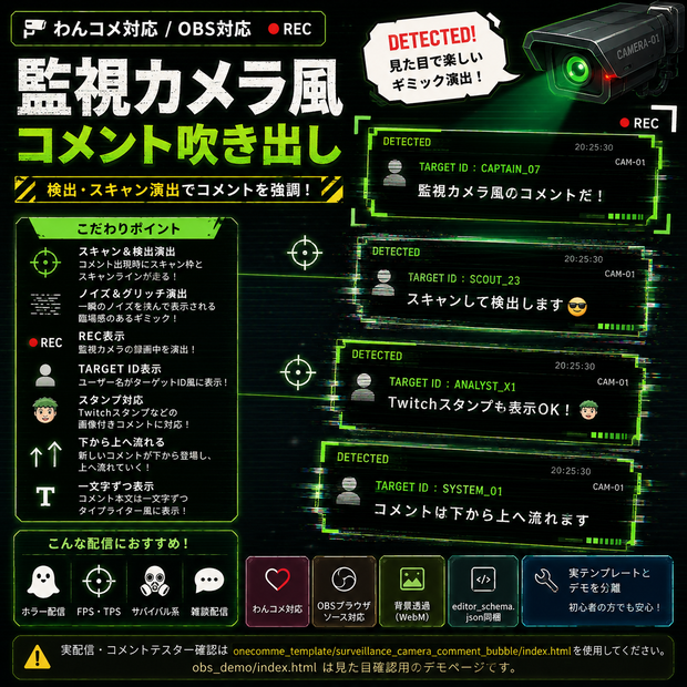 【わんコメ対応】監視カメラ検出コメント吹き出しテンプレート｜OBS用HTML