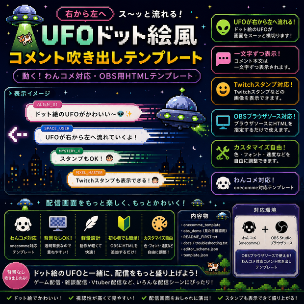 【わんコメ対応】ドット絵UFO風 横流れコメントバー｜OBS用HTMLテンプレート