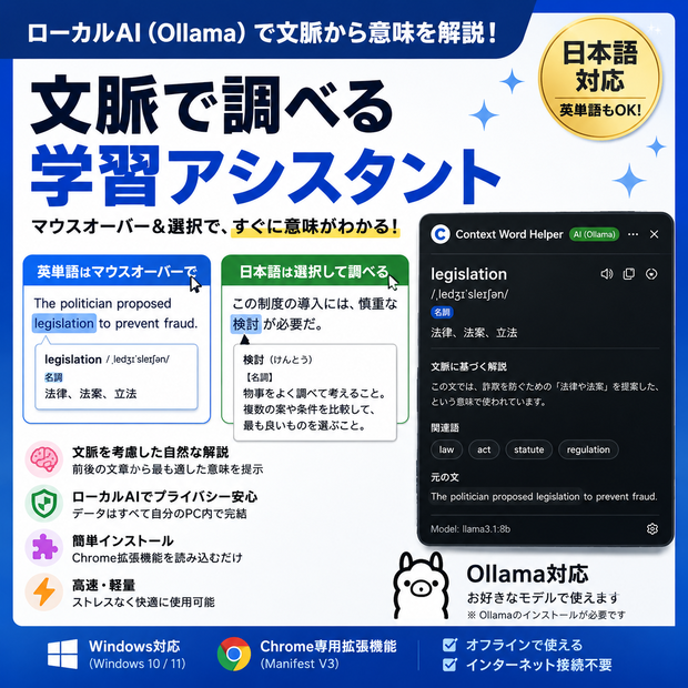 【Chrome拡張】日本語・英語対応 文脈単語ヘルパー for Ollama