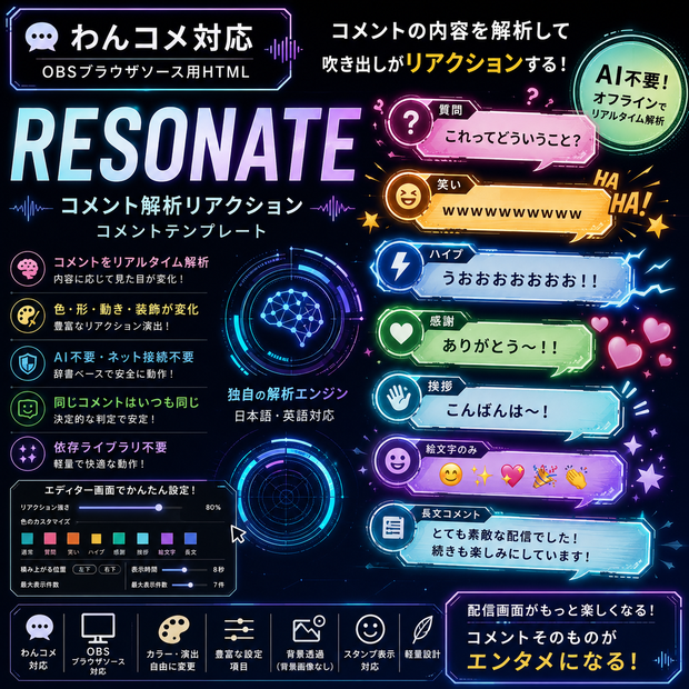 【わんコメ対応】RESONATEコメントテンプレート｜コメント解析リアクションOBS用HTML