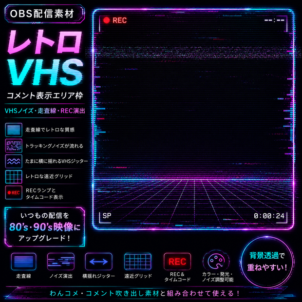 【OBS配信素材】レトロVHS コメント表示エリア枠｜走査線・ノイズ・REC演出
