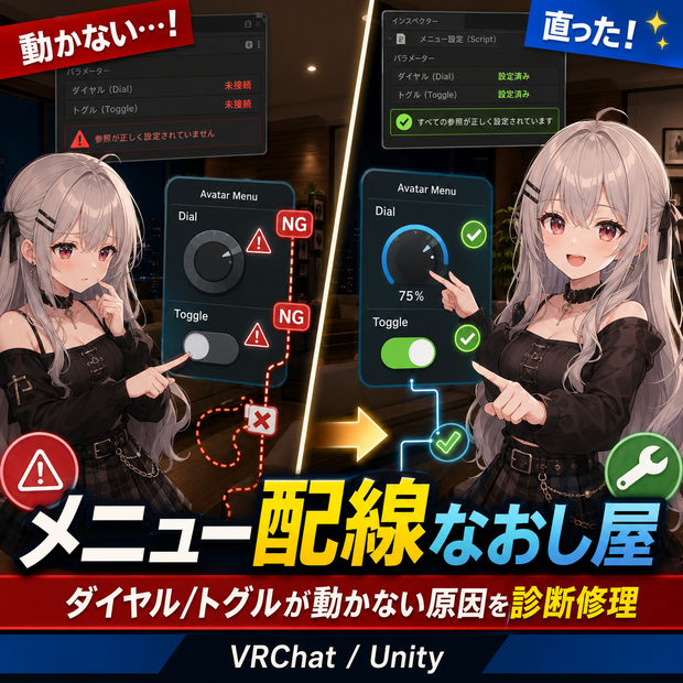 メニュー配線なおし屋 - ダイヤル/トグルが動かない原因を診断修理【VRChat Unity】