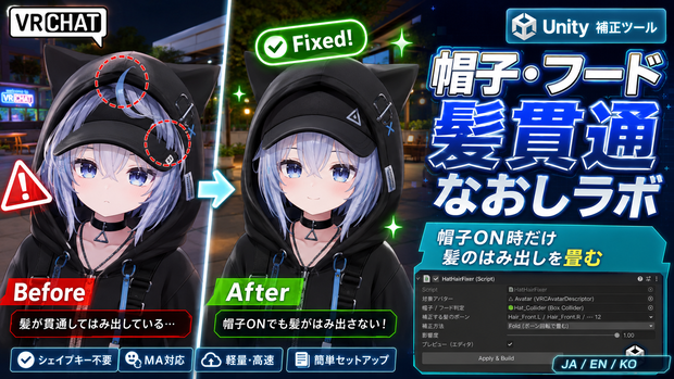 帽子・フード髪貫通なおしラボ - 帽子ON時だけ髪のはみ出しを畳むUnity補正ツール【VRChat】【JA,EN,KO】