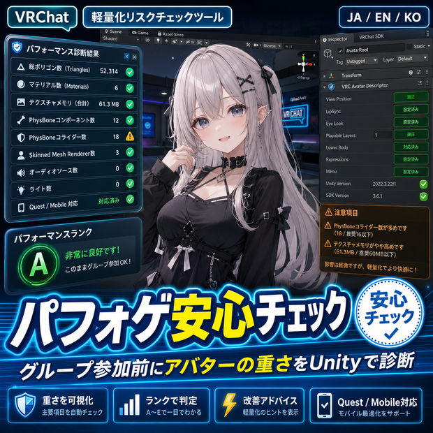 パフォゲ安心チェック - グループ参加前にアバターの重さをUnityで診断する軽量化リスクチェックツール【VRChat】【JA,EN,KO】