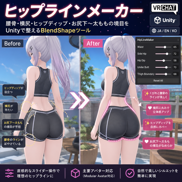ヒップラインメーカー - 腰骨・横尻・ヒップディップ・お尻下〜太ももの境目をUnityで整えるBlendShapeツール【VRChat】【JA,EN,KO】