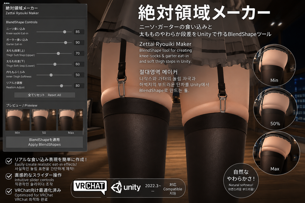 絶対領域メーカー - ニーソ・ガーターの食い込みと太もものやわらか段差をUnityで作るBlendShapeツール【VRChat】【JA,EN,KO】