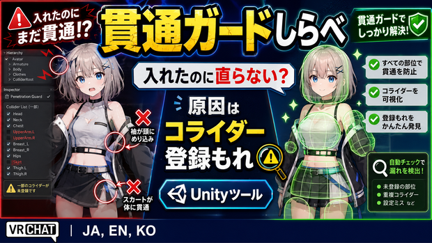 貫通ガードしらべ - 貫通ガードを入れたのに直らないをコライダーの登録もれから直すUnityツール【VRChat】【JA,EN,KO】