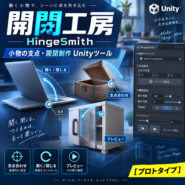 【日本語・English・한국어ガイド付】開閉工房 HingeSmith｜小物の支点・開閉制作Unityツール［プロトタイプ］