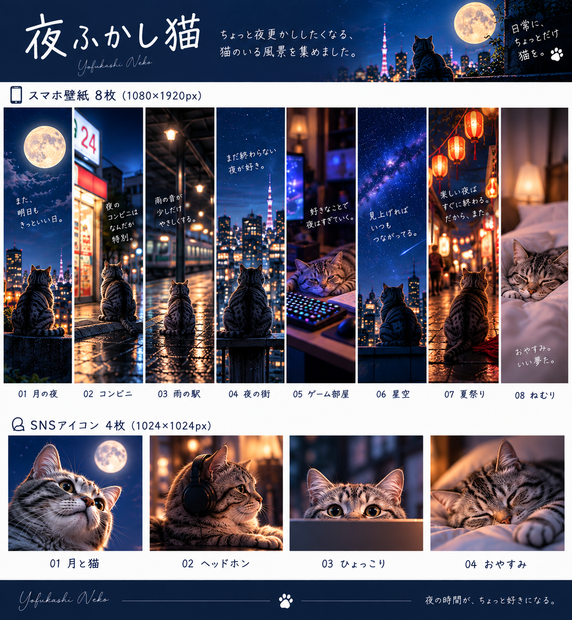 夜ふかし猫｜スマホ壁紙8枚＋SNSアイコン4枚