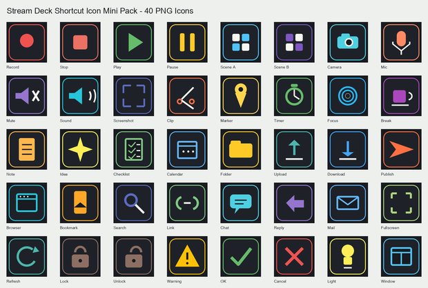 Stream Deck ショートカットアイコン 40点｜144x144 透過PNG｜配信・録画・編集・作業プロファイル用
