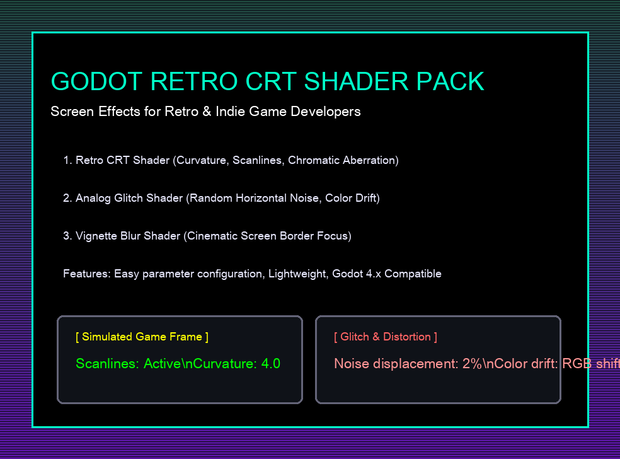 Godot 4向け レトロCRT／アナロググリッチ シェーダー3種｜画面全体エフェクト（.gdshader）
