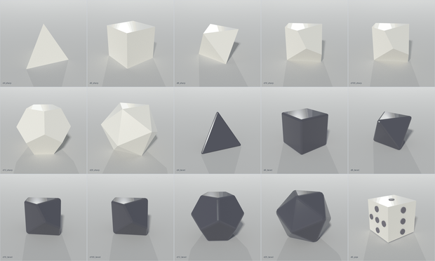 TRPG ダイス 3Dモデル 15点｜d4・d6・d8・d10・d12・d20＋d100（面取り2種・glTF / FBX / .blend・刻印なし）