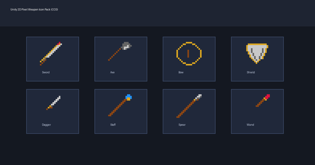【CC0/商用利用可】2D ドット絵 武器アイコン 8種セット【Unity / GameMaker / TRPG 素材】