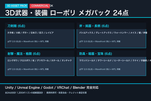 ローポリ 3D武器・装備 メガパック 24点｜剣・大剣・日本刀・斧・戦鎚・槍・弓・杖・盾・暗器（glTF / OBJ・商用可）