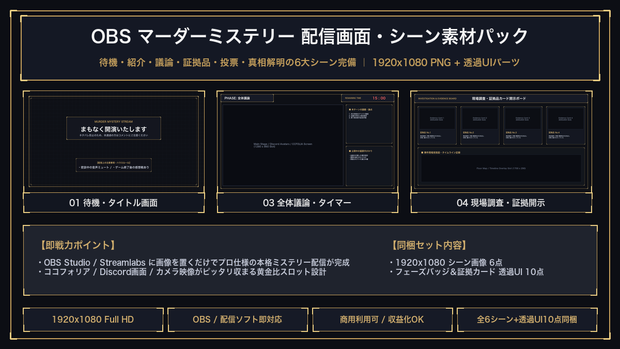 【OBS配信素材】マーダーミステリー配信用シーン＆透過UIオーバーレイ 16点セット｜1920x1080 Full HD｜待機・議論・調査・投票・真相解明｜商用利用可