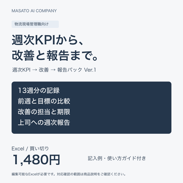 物流現場管理職向け 週次KPI→改善→報告パック Ver.1.1【13週管理・Excel】